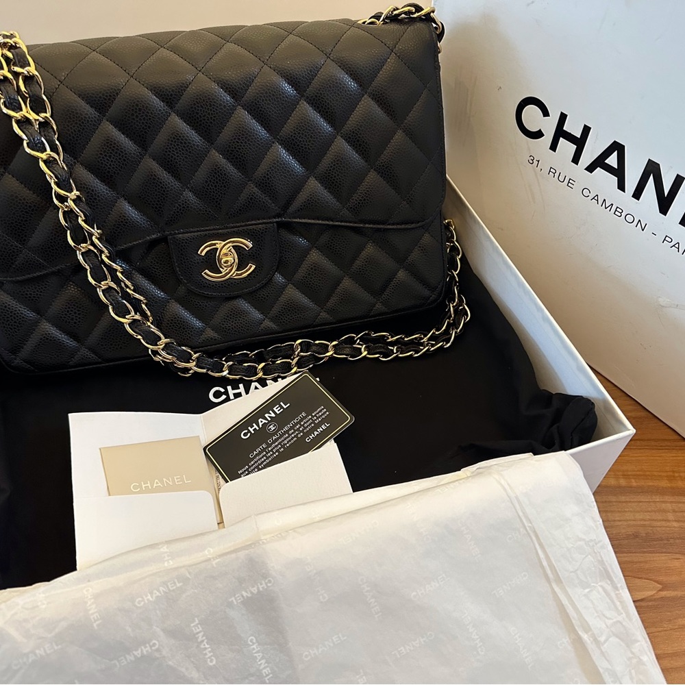Chanel Classic Large Black Double Flap - Grained Calfskin & Gold Tone Metal
